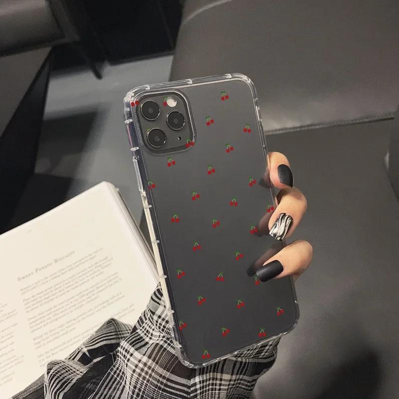 INS Korejský průhledný kryt na telefon s červenými třešněmi pro iPhone 15 14 13 12 11 Pro Max XR 16 Plus Kawaii Ovocný svěží kryt Dárek pro dívky
