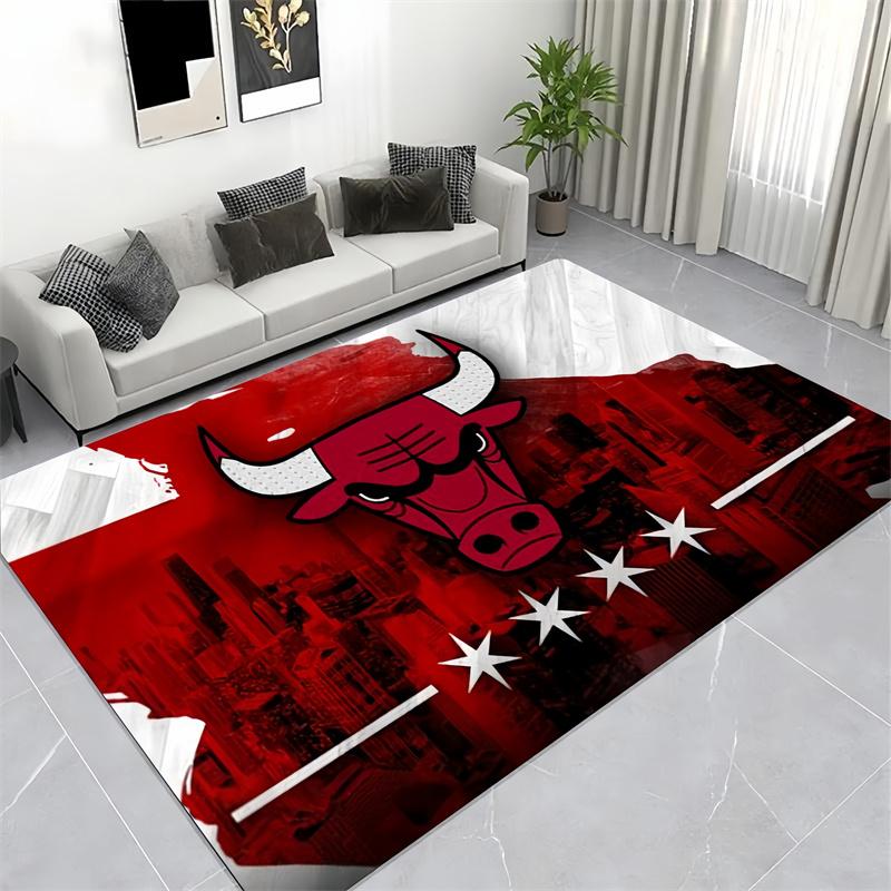 Chicago Bulls Kreskówka Czerwony Byk z Białymi Rękami Dywanik do Druku, Czarna Matka Podłogowa w Stylu Sportowym