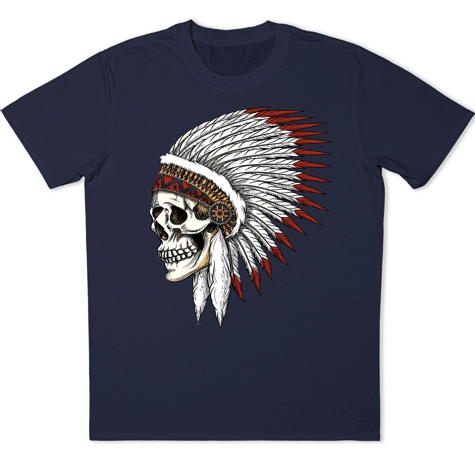 Native American Indian T-Shirt Skull Chief Feather Headdress Tribal Warrior Tee XS