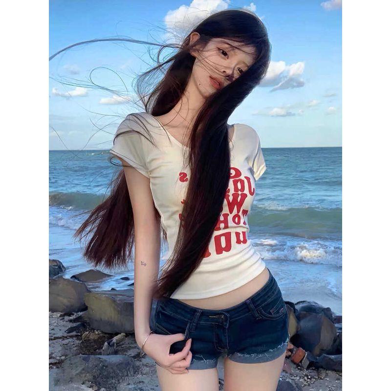 

Pure White U Collar Open Back Shoulder Short Sleeve T-Shirt Women s Summer Silm Slim Looking Big Neckline Hot Sexy American Tops White S