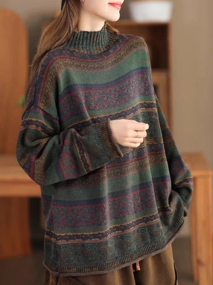Vintage Women Long Sleeve Soft Cotton Mock Neck Knitted Casual Sweater Top Pullover Spring Johnature