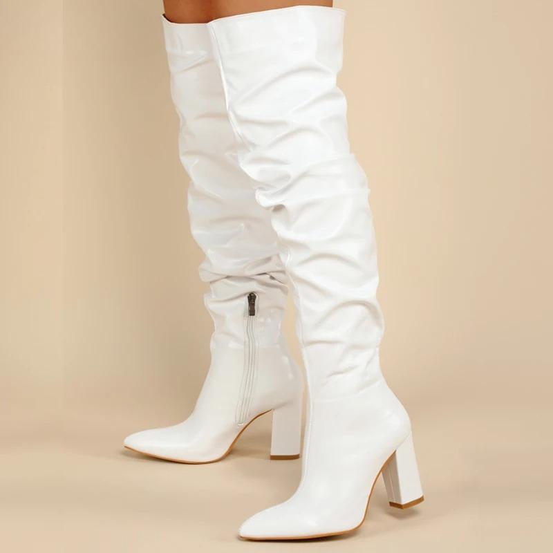 Wintermode Weiß Plissiert Damen Over-the-Knee Stiefel Sexy Spitze Quadratische Absätze Damen Langer Reißverschluss Damenschuhe Größe 35-42