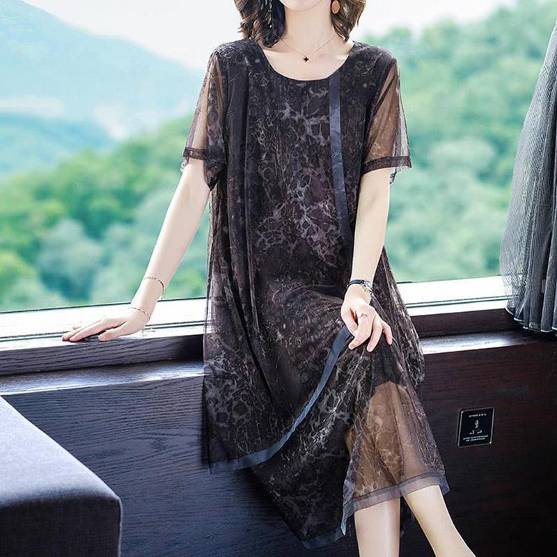 Elegant Fashion Leopard Printed Asymmetrical Dresses Summer 2025 Short Sleeve O-Neck Oversized Loose Midi Dress Women's Clothing