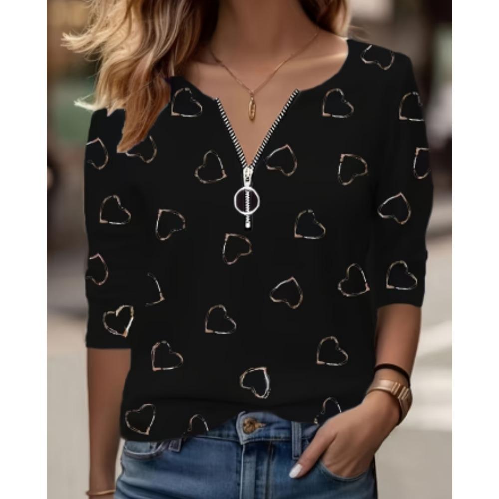 Autumn and winter zipper V-neck long-sleeved love cute printed casual tops women's shirts fashion loose shirts tops for women