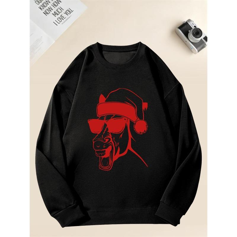 Men's Casual Crewneck Sweatshirt with Gorilla Wearing Santa Hat Design 100% Cotton Printed Long-Sleeve Crew Neck Pullover