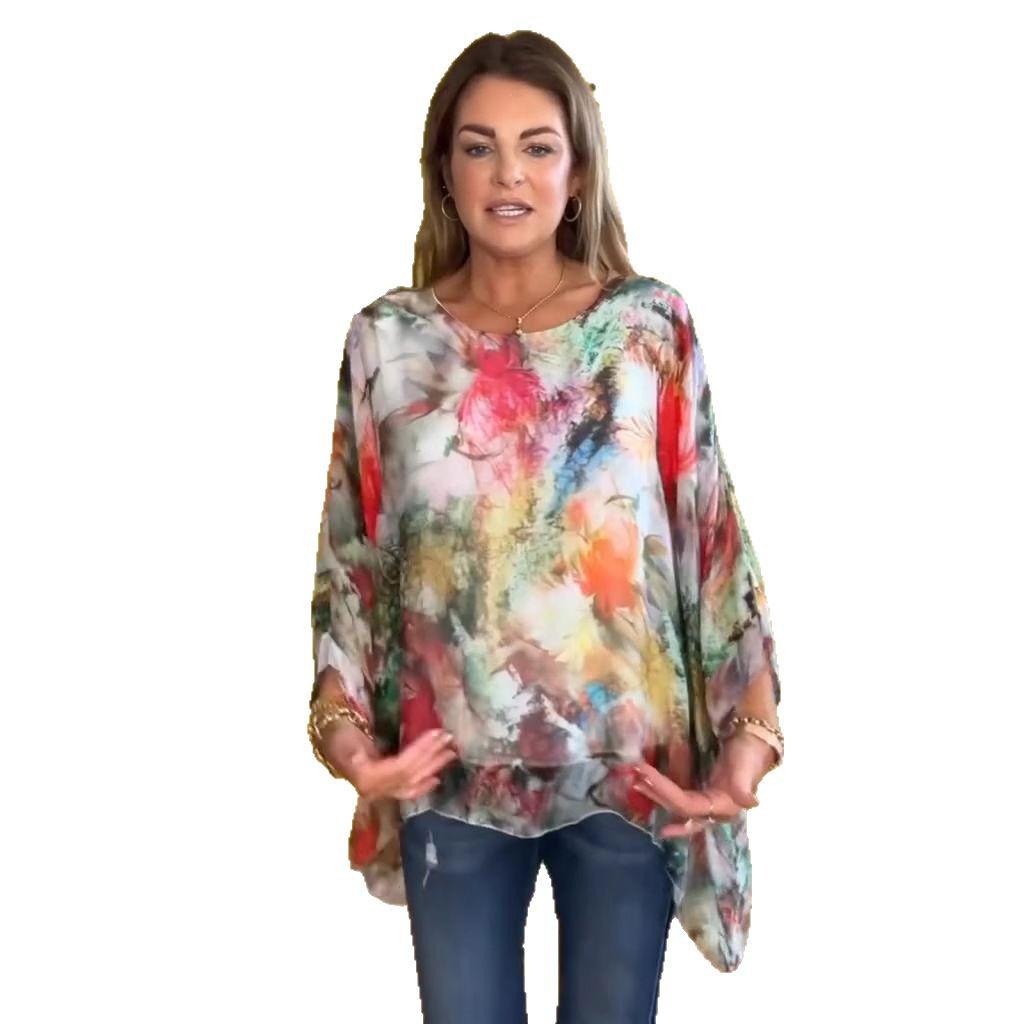 2025 Women's European & American 3D Print Batwing Sleeve Chiffon Top