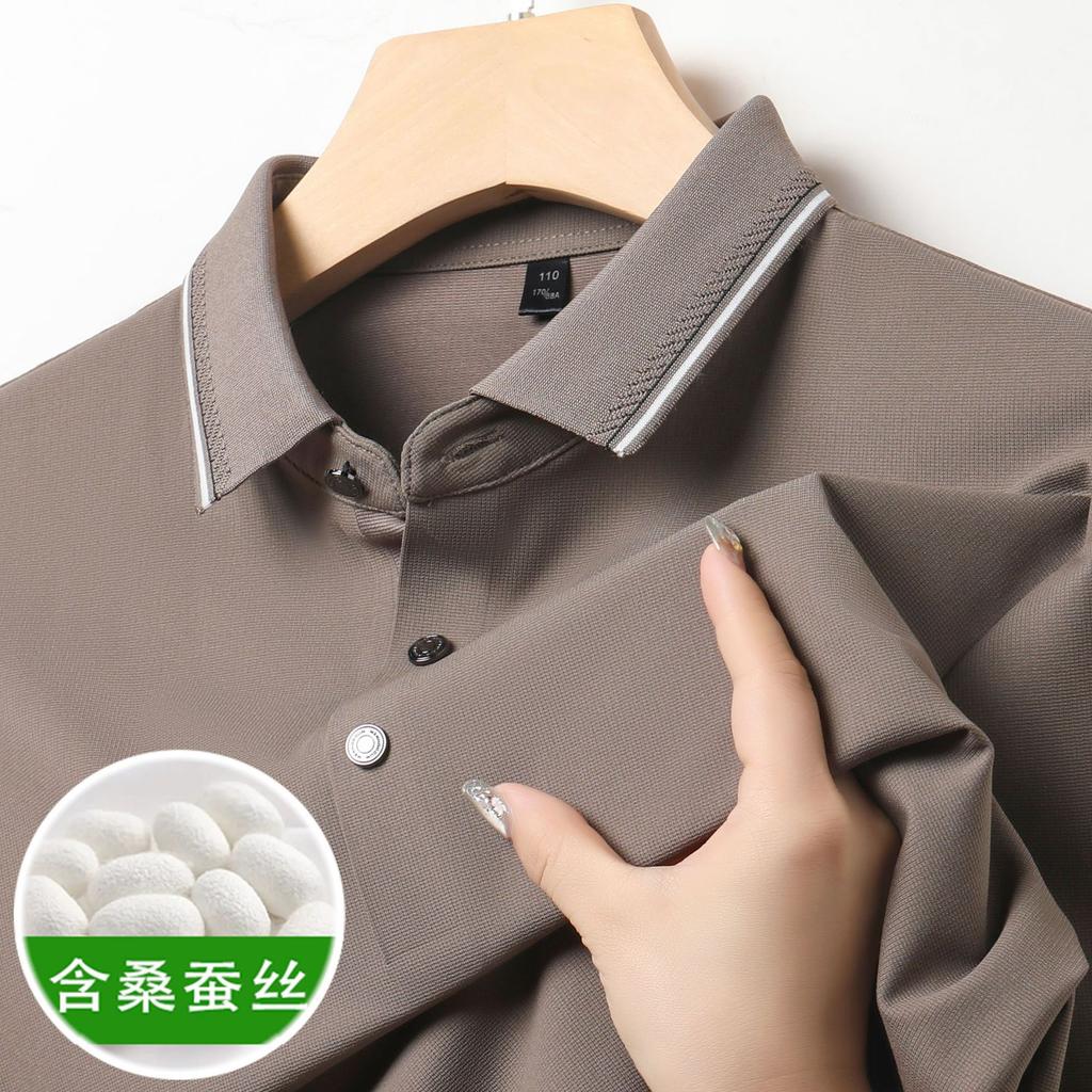 Top Men'S Solid Color Mulberry Silk T-Shirt Casual Short Sleeve Thin Polo Knitted Sweater