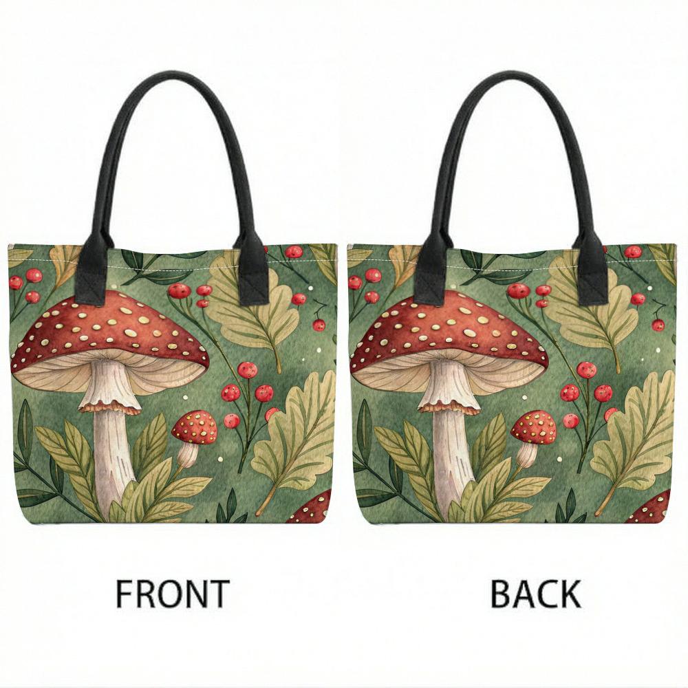 Forest Mushroom Print Canvas Tote Bag Aesthetic Casual Portable Daily Carry Handbag for Outdoor Shopping Travel