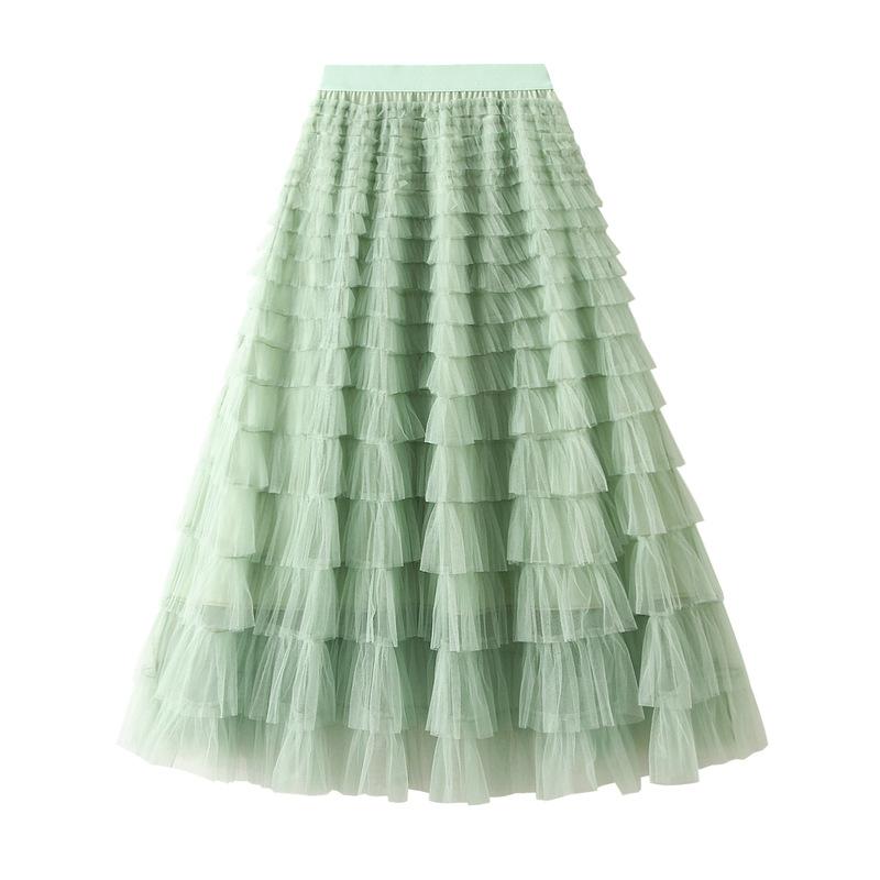 Women's Sweet Black White Tutu Skirts Tulle Cake Long Skirt Women Spring Summer Ruffle Pleated A-Line Chic Skirt