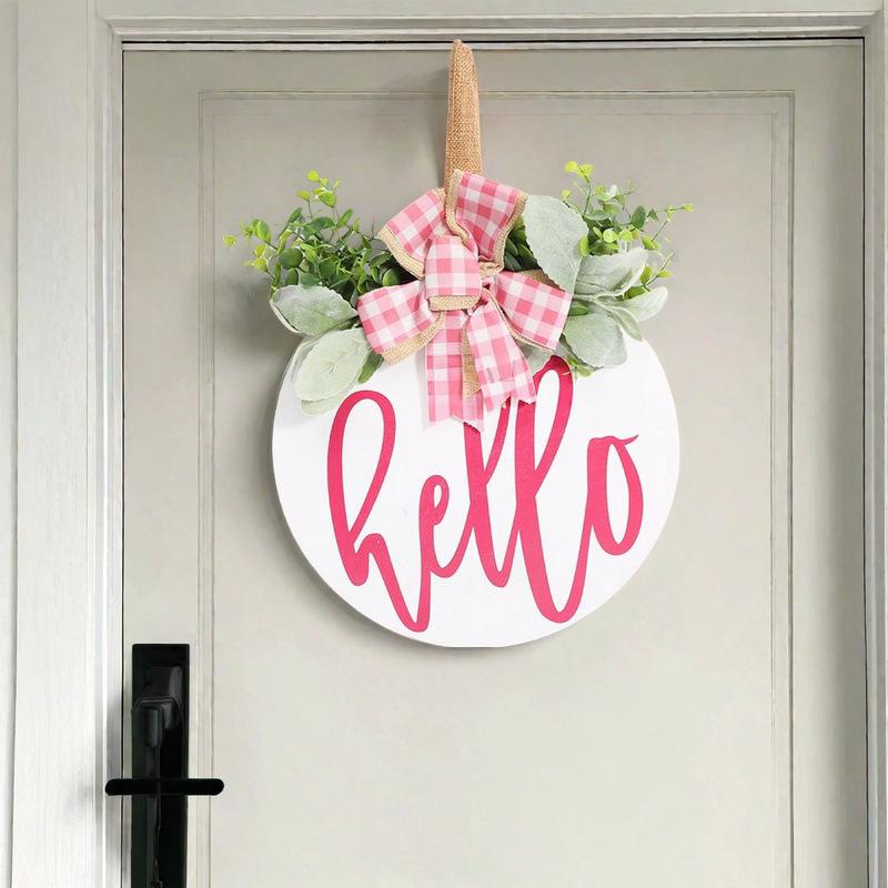Wooden Round Welcome Sign Door Hanger with Bow Wreath Decoration for Home Entrance