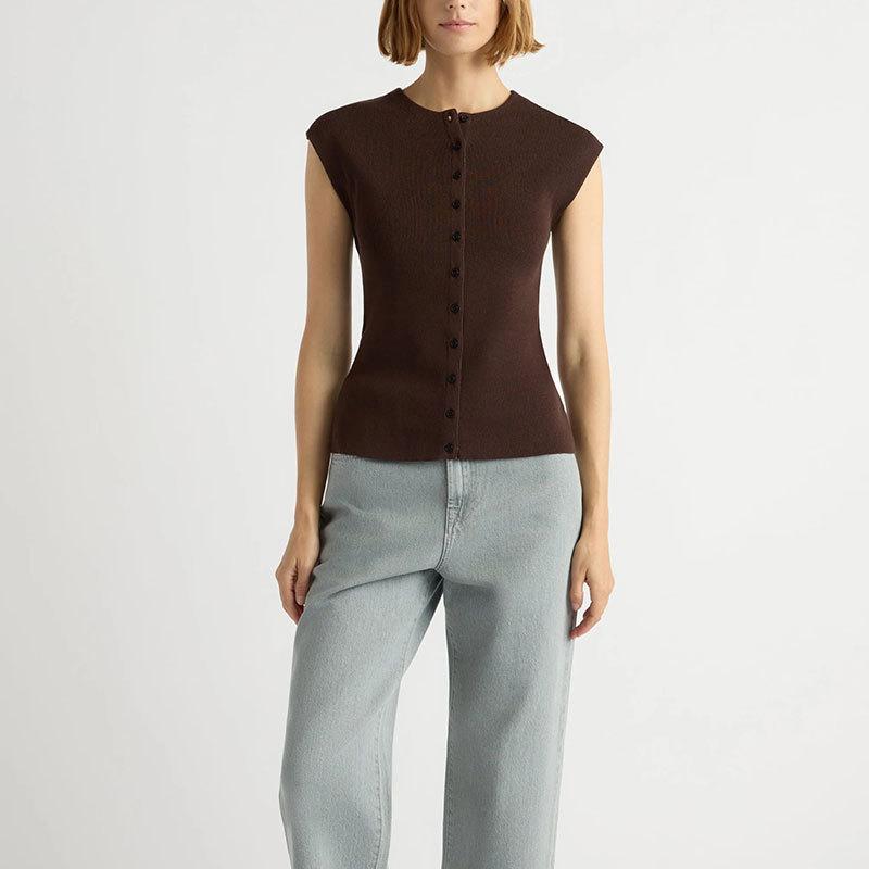 Europäische und amerikanische Damenbekleidung figurbetont schlicht Knopfleiste Strickpullover Cardigan Sommer ärmellos Rundhalsausschnitt Weste Westentop Damen