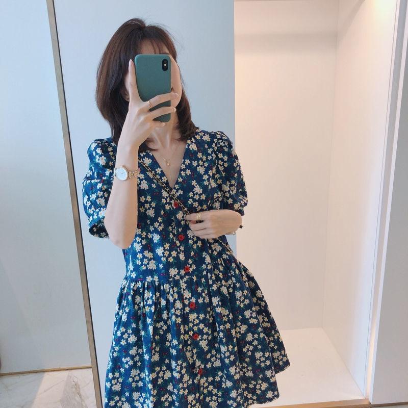 

Французские платья с цветочным принтом в стиле ретро, ​​женское свободное платье трапециевидной формы с талией большого размера и тонкими рукавами-фонариками 2XL синий