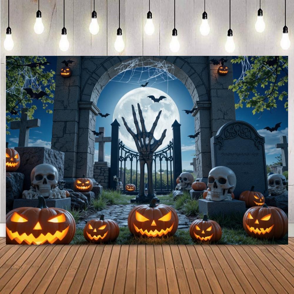 Halloween Full Moon Night Background Photography Gothic Tombstone Zombie Hand Pumpkin Lantern Spider Web Skull Photo Backdrop40
