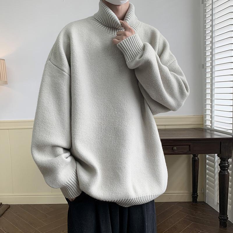 Turtleneck Gray for Men In Autumn Winter Lazy Style High-end Solid Color Loose Pullover with Knitted Sweater Inside