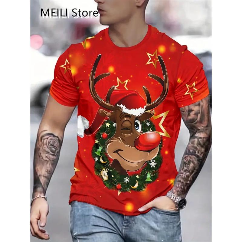 Camiseta Masculina Papai Noel Estampa Gráfica Pulôver Verão Casual Manga Curta Camiseta Engraçada Camisetas Masculinas Natal Roupa Oversized