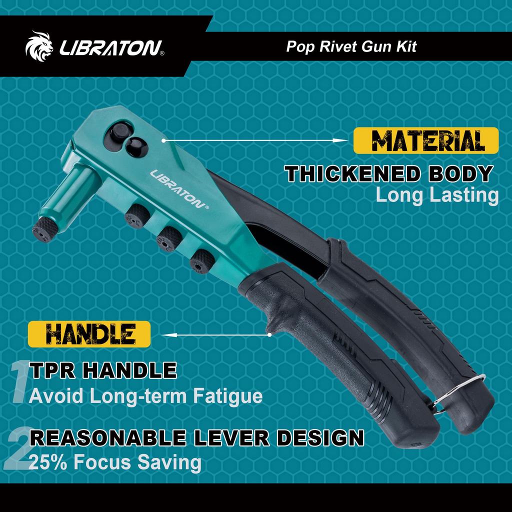 LIBRATON Hand Riveter Includes 120 Blind 4 Drill and 4 Toolless Nose Riveting Tool Set Set, Rivets, Bits, Pieces,