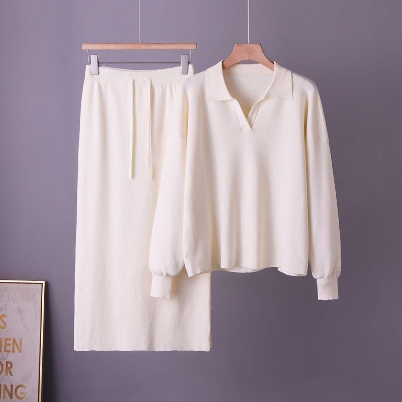 Foreign trade new 2026 sweater large size two-piece set knitted POLO collar autumn and winter loose women's clothing lazy fashion set