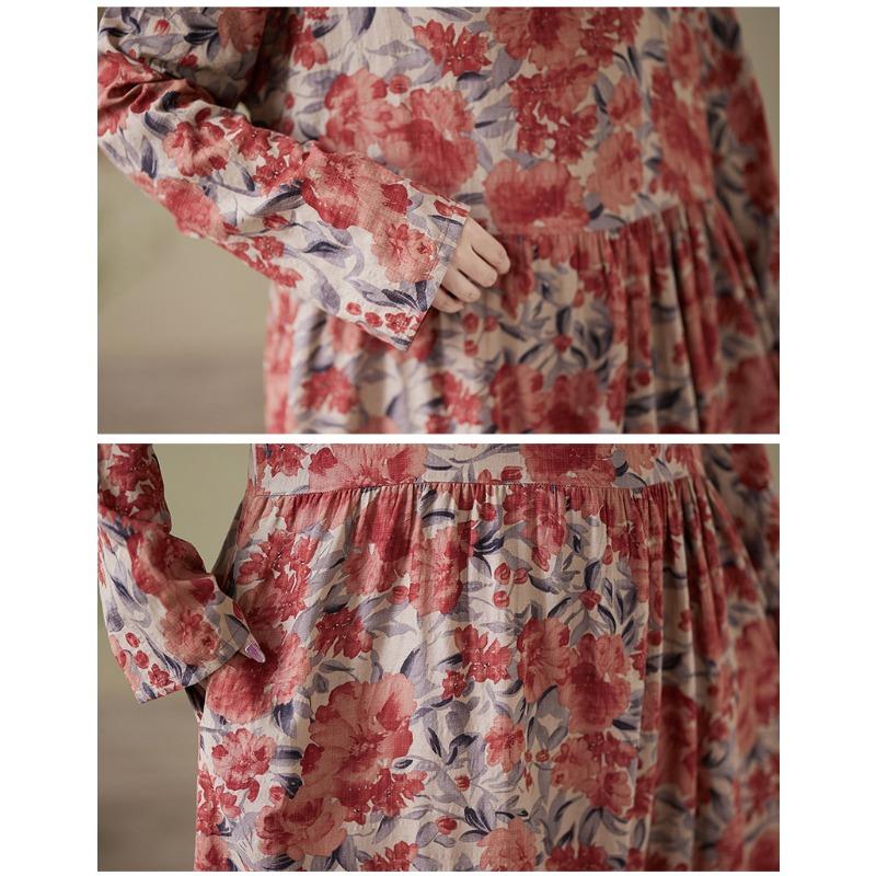 DIMANAF 2025 Damen Übergröße Frühling Sommer Langes Kleid Vintage Kleid Leinen Blumen Lockerer Stil Damen Maxikleid