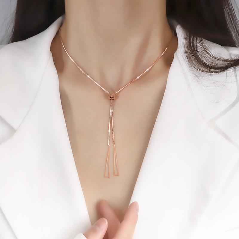 925 Sterling Silver Geometric Retractable Necklace Simple Glossy Hollow Triangle Box Chain Female Clavicle Chain Wedding Jewelry
