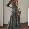 Women Maxi Dress Vintage Print Deep V Neck High Waist Three Quarter Sleeve
