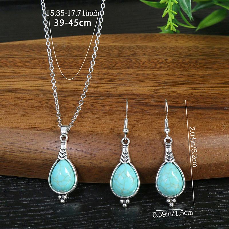 Fashion Bohemian Vintage Simple Blue Natural Stone Jewelry Set Women Silver Color Chain Long Pendant Necklace Waterdrop Earrings