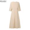 ZANZEA Women Casual Round Neck Solid Color 3/4 Sleeve Summer Long Dress