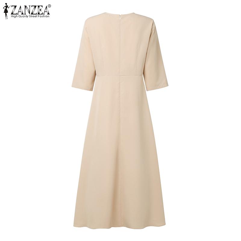 ZANZEA Women Casual Round Neck Solid Color 3/4 Sleeve Summer Long Dress