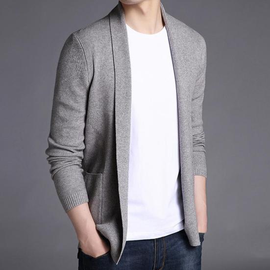 Men Sweater Coat Solid Color Soft Warm Breathable Stretchy Open Stitch Cardigan Long Sleeves Turn-down Collar Sweater Jacket Men Clothes