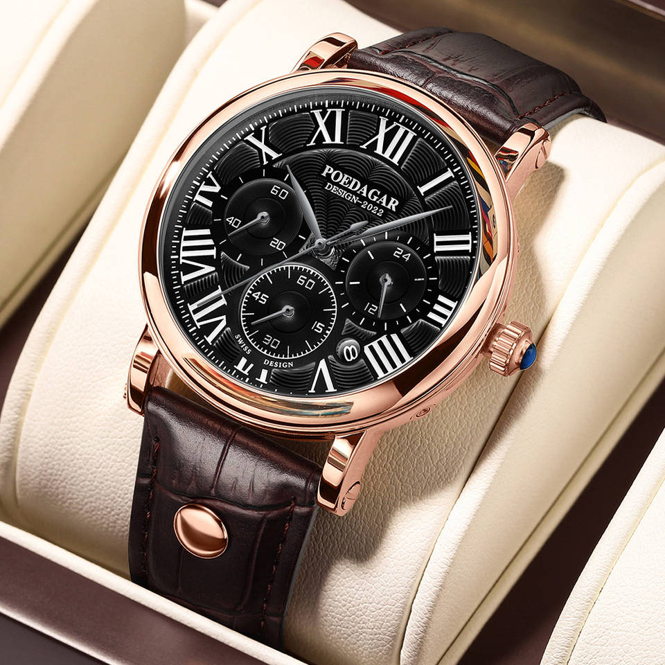 POEDAGAR Men Watch Fashion Chronograph Leather Quartz Watches Waterproof Luminous Sport Sport Wristwatch Six Needle Watch