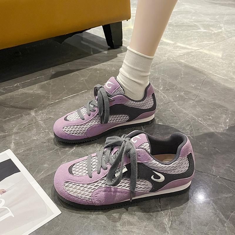 Fashion Mesh Breathable Casual Flats Women Summer New Round Toe Spliced Front Lace-Up Soft Sole Versatile Retro Fishnet Single Shoes