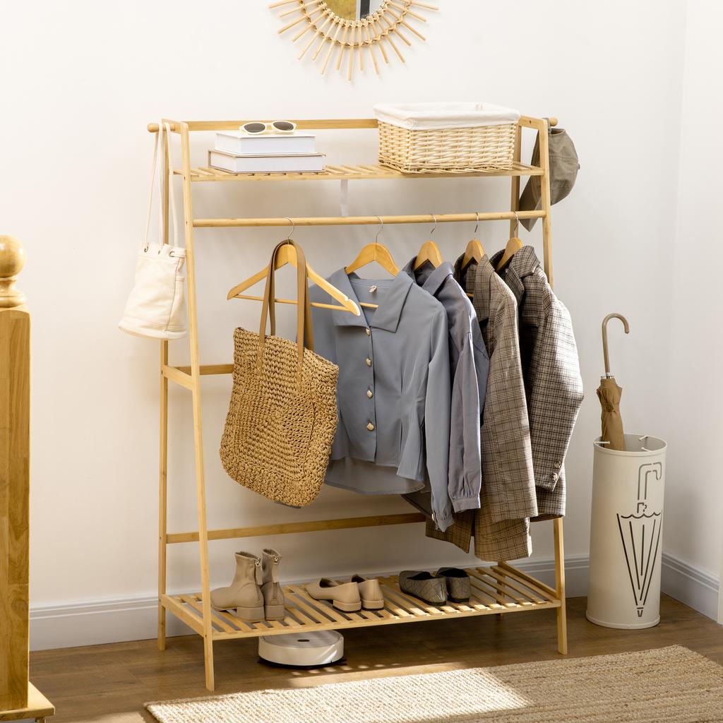 Clothes Rack Wardrobe Coat Stand With 2 Shelves 2 Hooks And 1 Hanging Bar In Bamboo