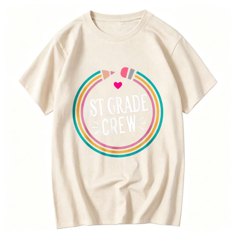 st Grade Crew Rainbow Circle Pencil Heart Graphic TShirt Teacher Student Back To School Casual Cotton Short Sleeve Basic Tops