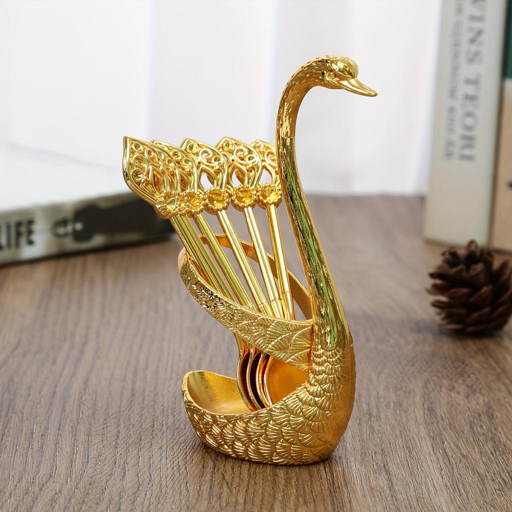 7pcs Of 1set, Dessert Spoon With Base, Swan Base Holder With 6 Spoons, Reusable And Washable Fruit Fork