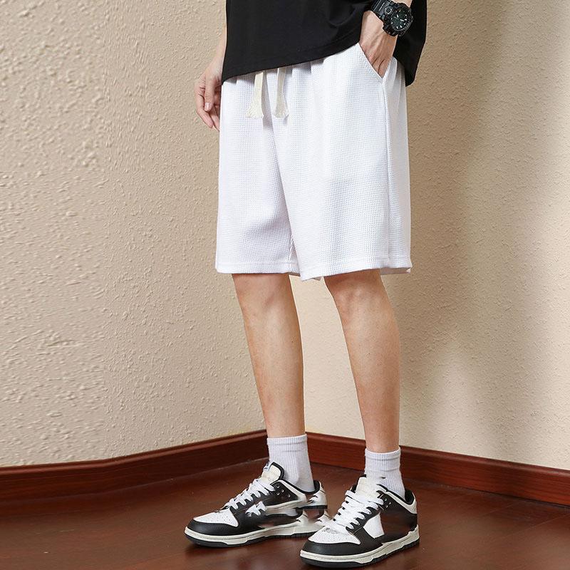 Pantaloni Scurți Bărbați Culoare Solidă Talie Medie Pantaloni Scurți de Vară Textură Waffle Croiala Adâncă Șnur Pantaloni Scurți Bărbați Largi Lungime Până la Genunchi Scurți Casual