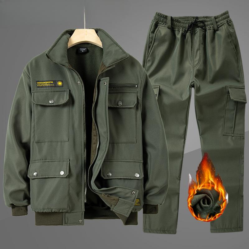Outdoor work clothes men's suit autumn and winter plus velvet labor tooling jacket cargo pants 2-piece set