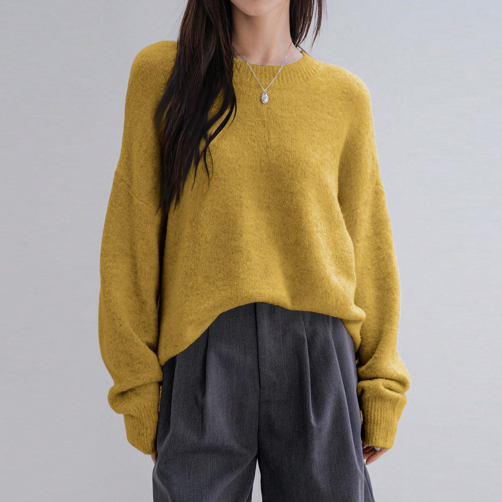 

Женский модный повседневный свободный универсальный свитер-пуловер с длинными рукавами и круглым вырезом в ленивом стиле One Size жёлтый