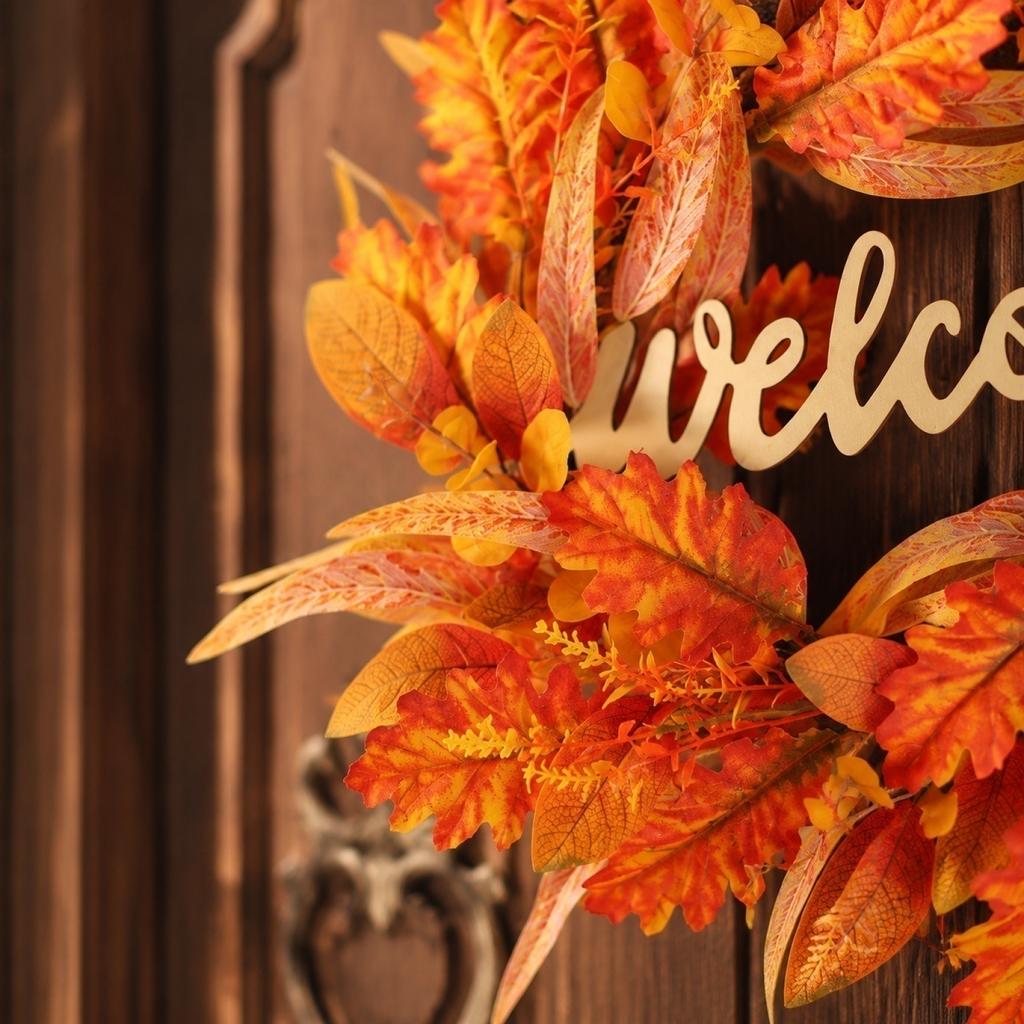 50cm Autumn Leaf Wreath Front Door Decoration Thanksgiving Fall Harvest Festival Seasonal Home Decor Artificial Leaf Garland