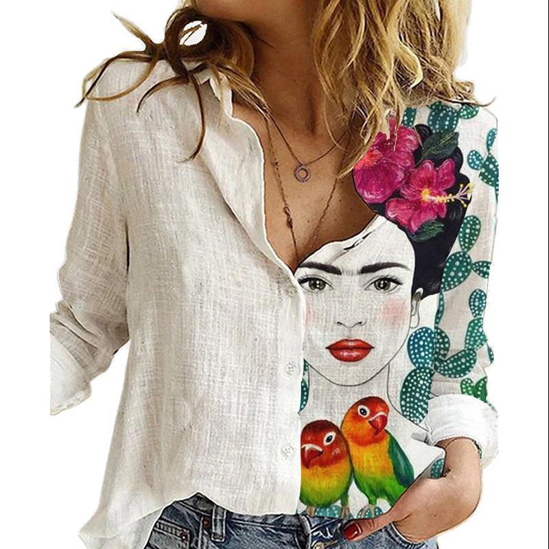 Tier Muster Damenhemd Weißes Oberteil Langarm Revers Lässig Bedruckte Strickjacke Tops