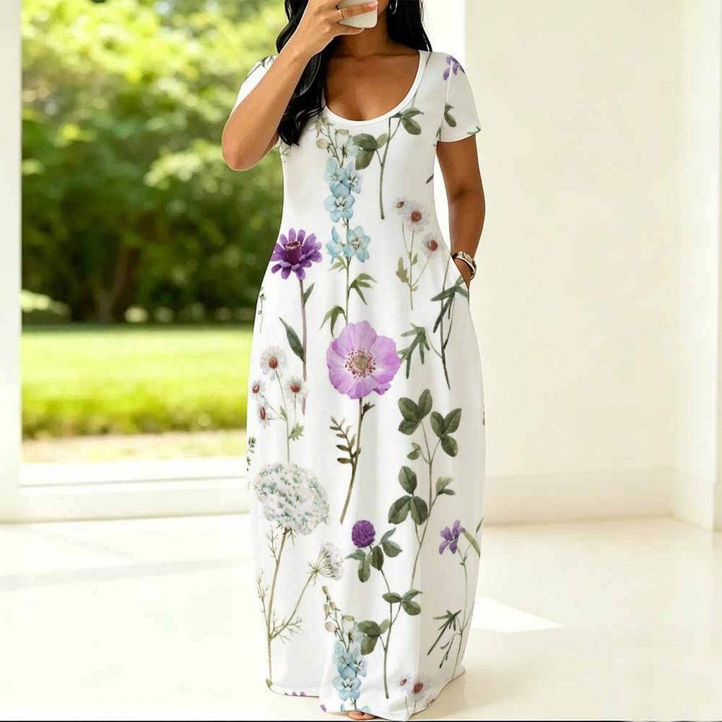 Women Loose Fitting Round Neck Dress Short Sleeve Plus Size Apparel For Summer Casual Daily Activities