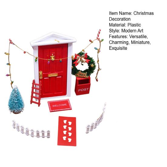 11Pcs Doll Houses Miniature Christmas Decor Set Plastic Tree Lights Wreath Mailbox Fairy Doors DIY Scene Kit Red Themed Accessories