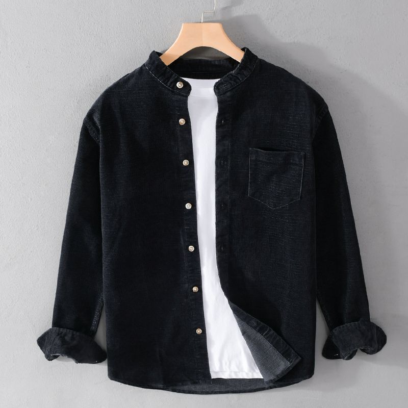 Men's Corduroy Long-sleeved Shirt Spring and Autumn Retro Loose Casual Shirt Jacket Without Collar