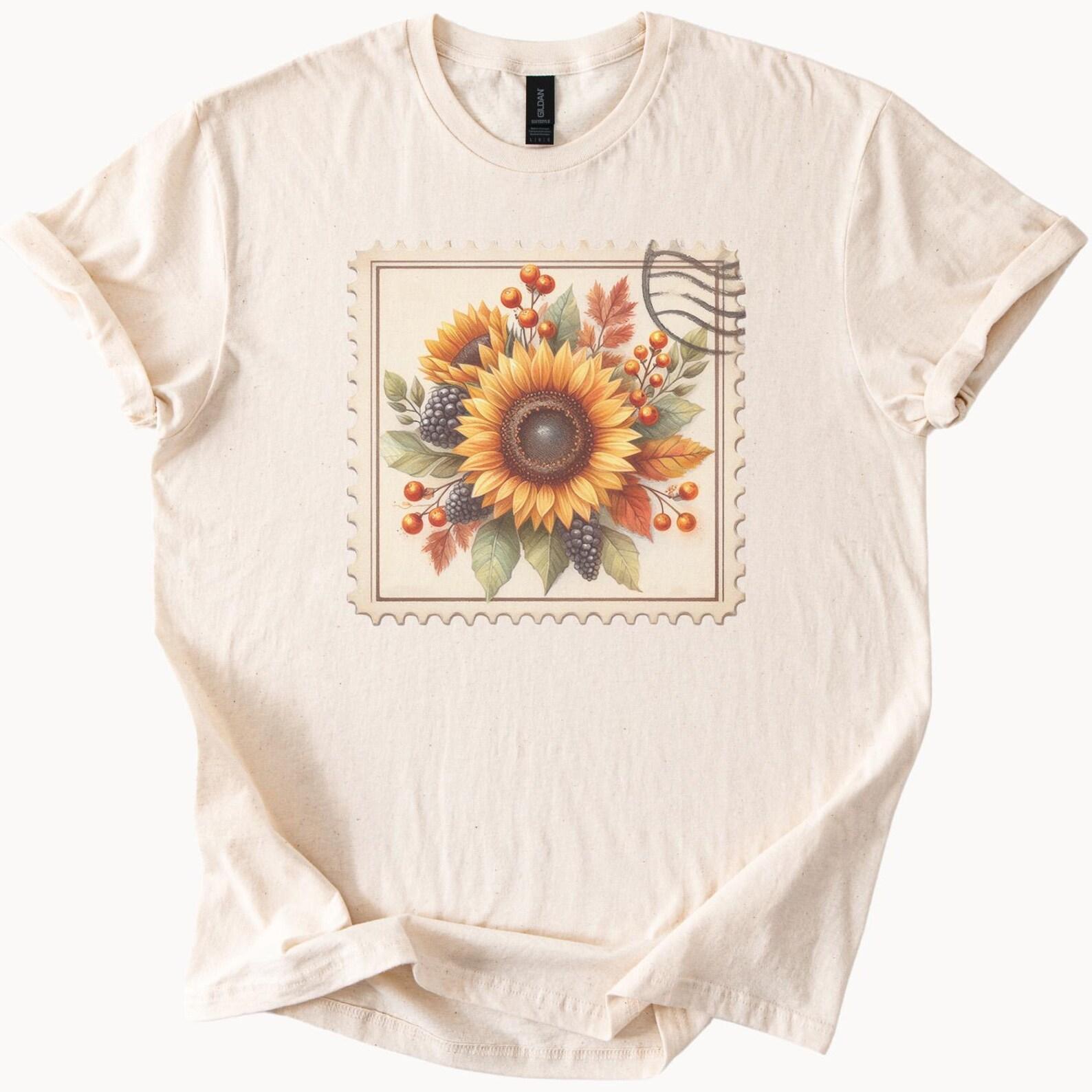 Sunflower Graphic T Shirt Fall Floral Postage Stamp Print Autumn Leaves Berries Nature Art Tee Sunflower Shirt Gift for Her 100