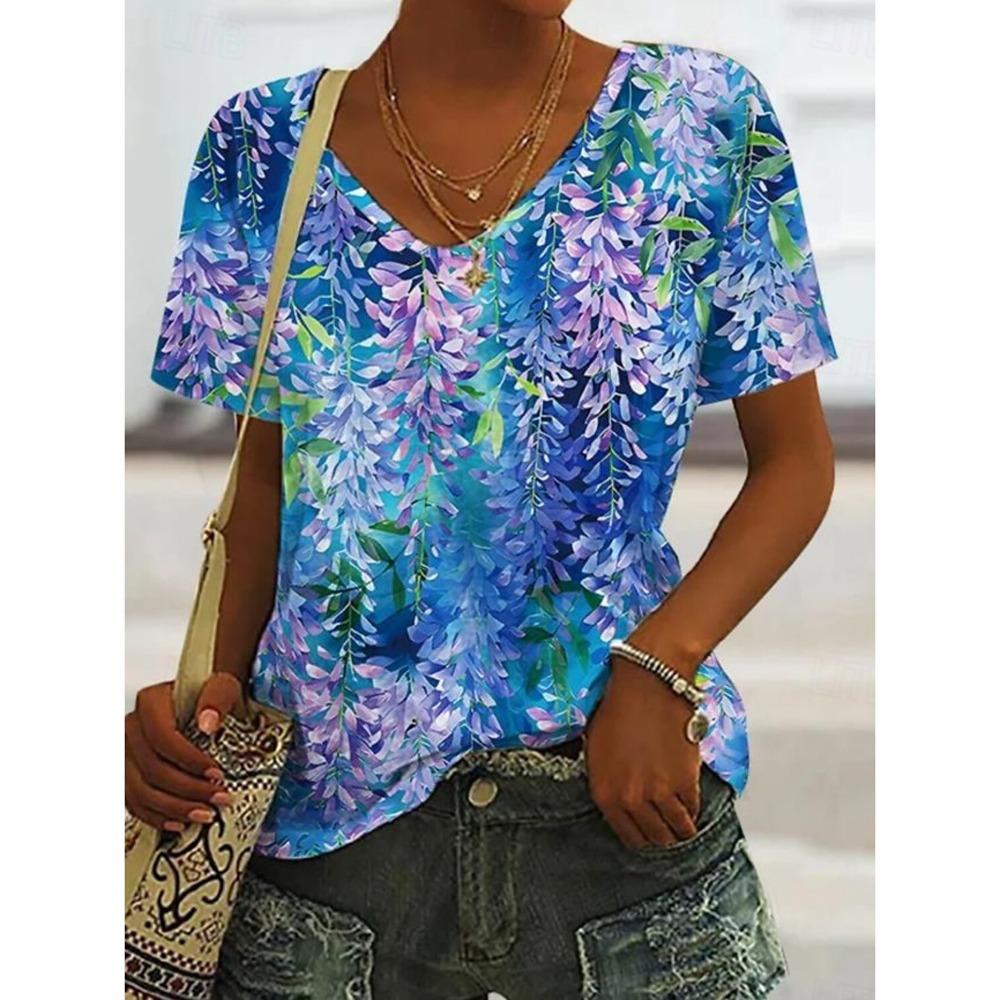 Dandelion Patterned V-Neck T-Shirt, Short Sleeves, Casual Top for
