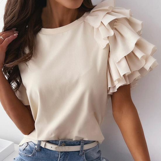 T-shirt damski z okrągłym dekoltem, nierozciągliwy, zapobiegający mechaceniu, z warstwowym falbankowym krótkim rękawem, bluzka odzież damska