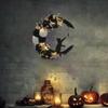 Halloween Månkrans Simulerade Rosor och Svart Katt - Dörrgirlang Halloween Hemfest Inomhusdekoration utan Strömförsörjning
