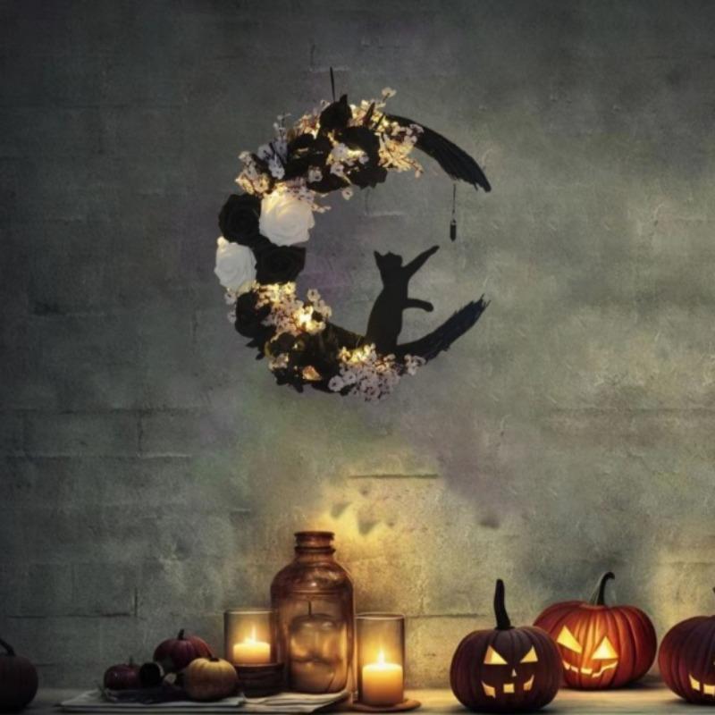 Halloween Månkrans Simulerade Rosor och Svart Katt - Dörrgirlang Halloween Hemfest Inomhusdekoration utan Strömförsörjning