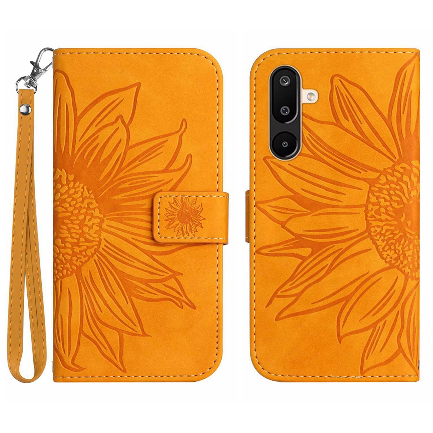 

For Samsung Galaxy M36 5G Case Sunflower Imprint Leather Wallet Phone Cover with Wrist Strap Yellow