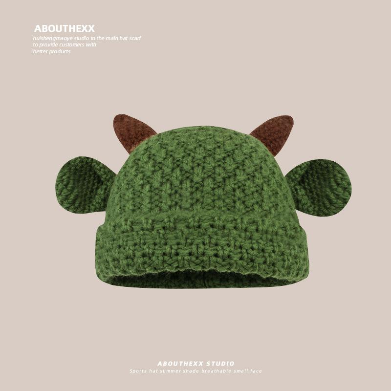 

Вязаная шерстяная шапка для женщин, зимняя, новый стиль, забавная шапка-пуловер, милая мультяшная шапка с рожками, теплая, с защитой ушей, рождественская шапка M（56-58cm）