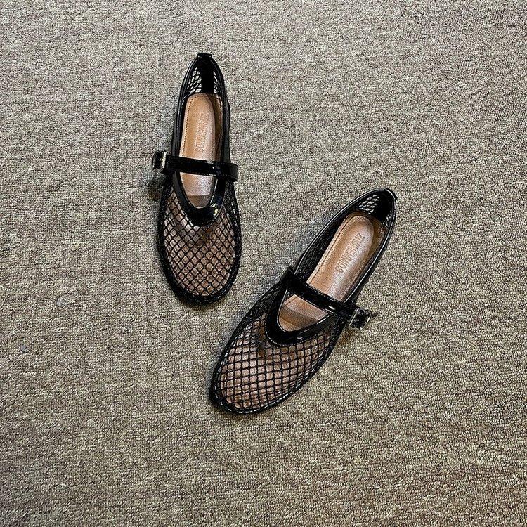 New Round Headed Mesh Hollowed Out Women's Shoes with One Button Mary Jane Ballet Flat Shoes Fishing Net Shoes