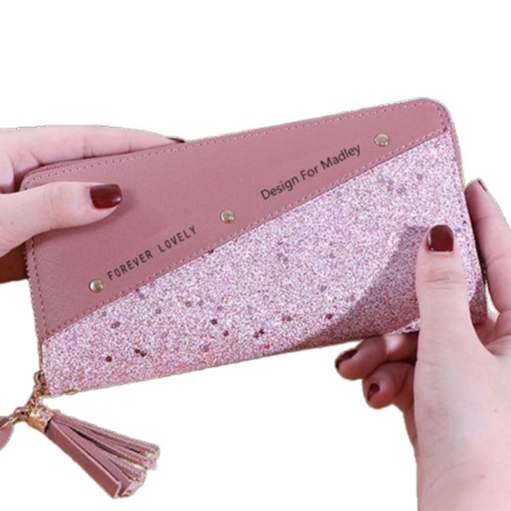 

PU Leather Woman Clutch Wallet Tassel Pendant Square Card Bag Causal Women Long Purse Outdoor темно-рожевого кольору